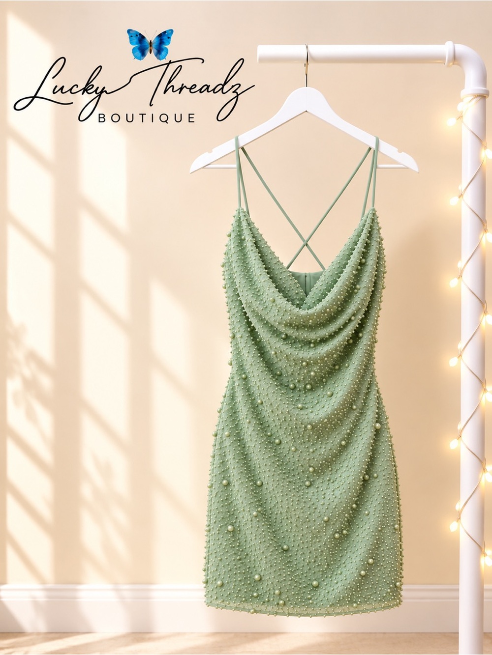Windsor Sage Green Pearl Beaded Cowl Neck Mini Dress XS Holiday NYE Cocktail